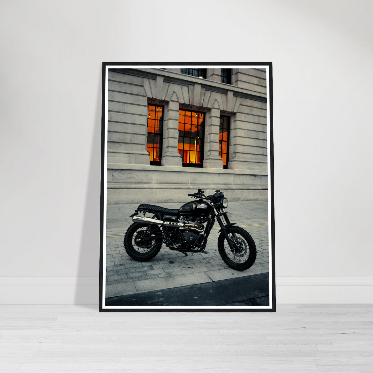 Motorcycle Parked Up Print, Framed, Leaned Up Against Wall