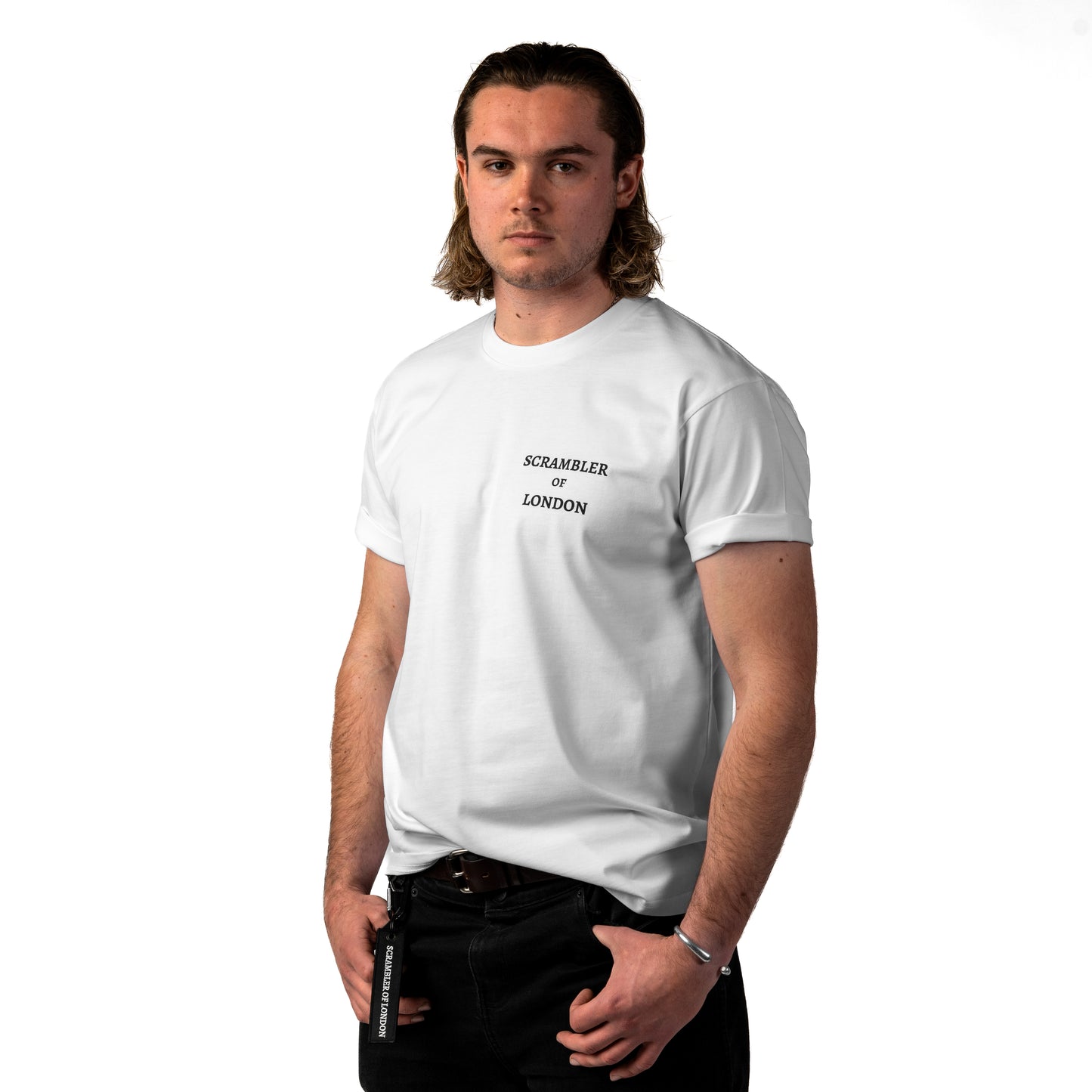 White T-Shirt, Logo, Model Side On