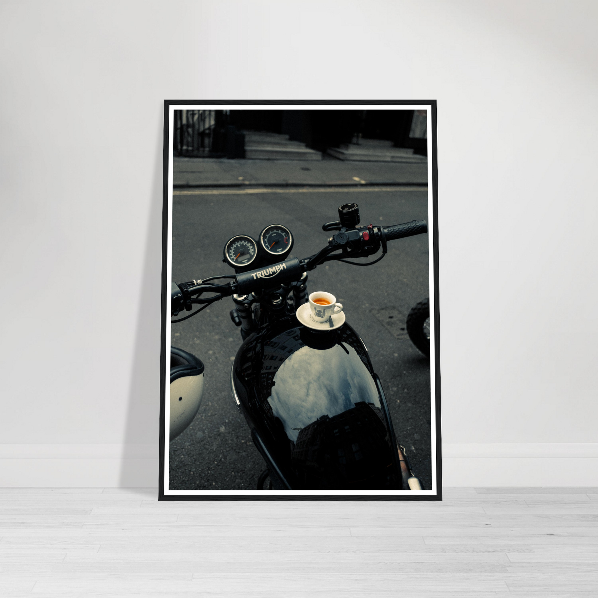 Motorcycle Espresso Print, Framed, Leaned Up Against Wall