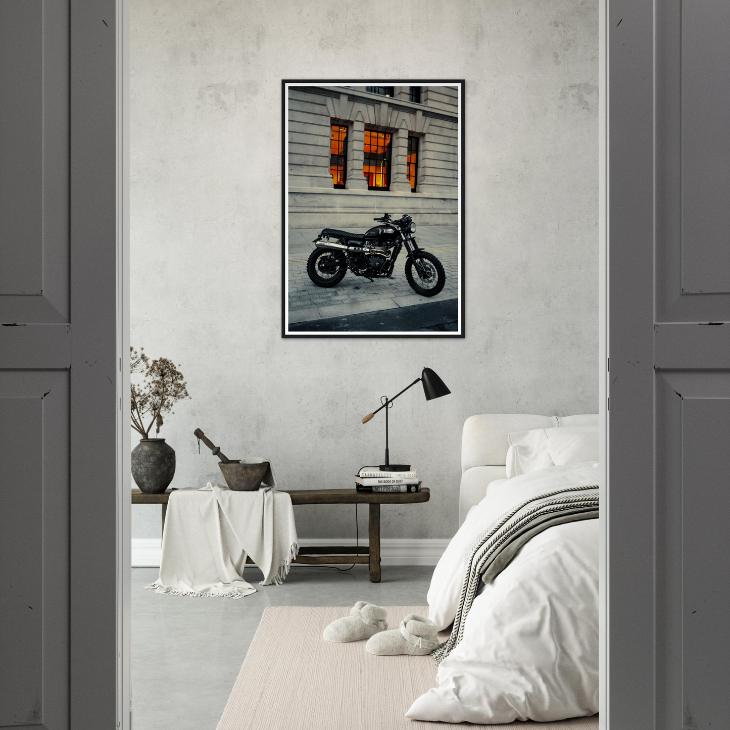 Motorcycle Parked Up Print, Framed, In Bedroom on Wall