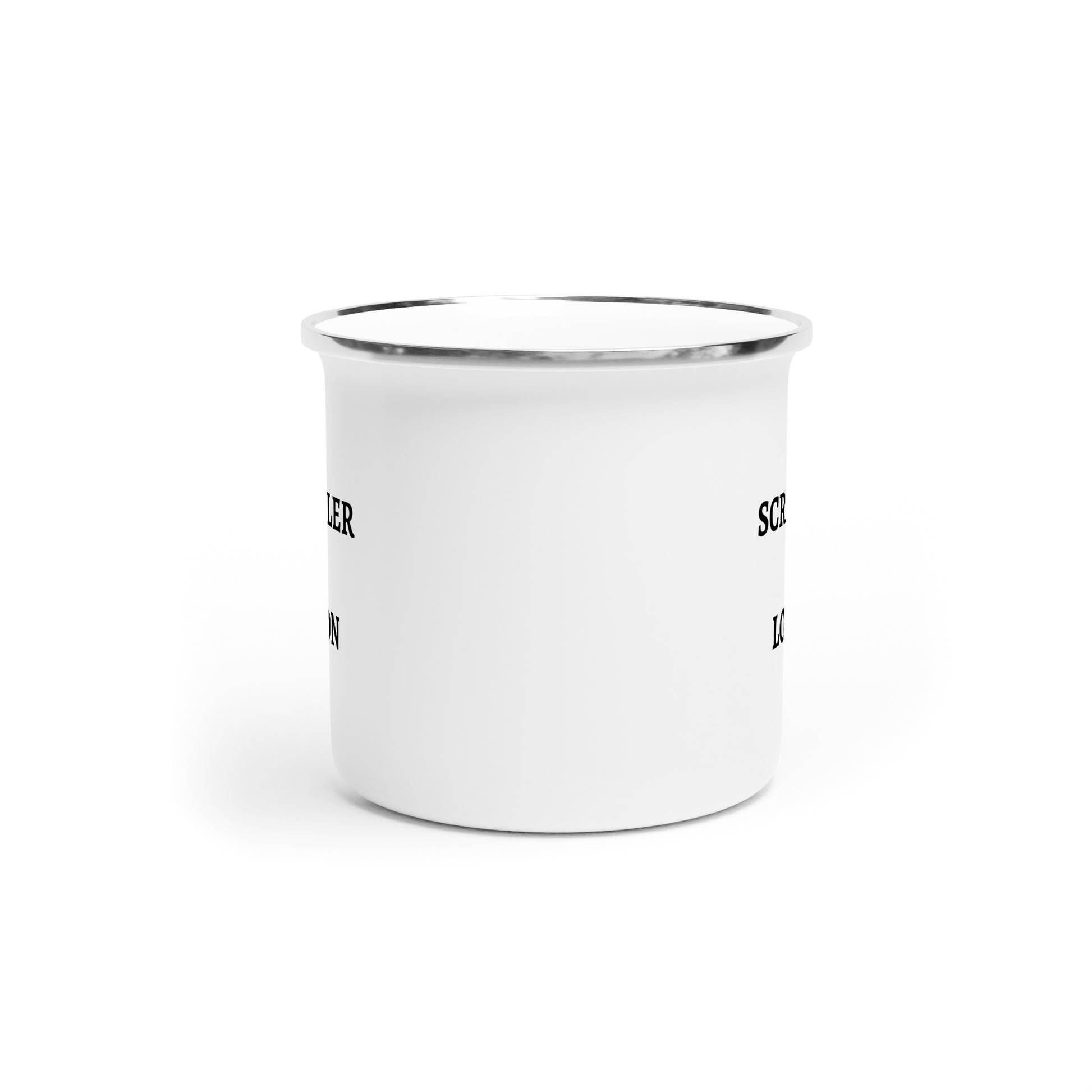 Enamel Mug, Logo, Metal Rim, Back Facing